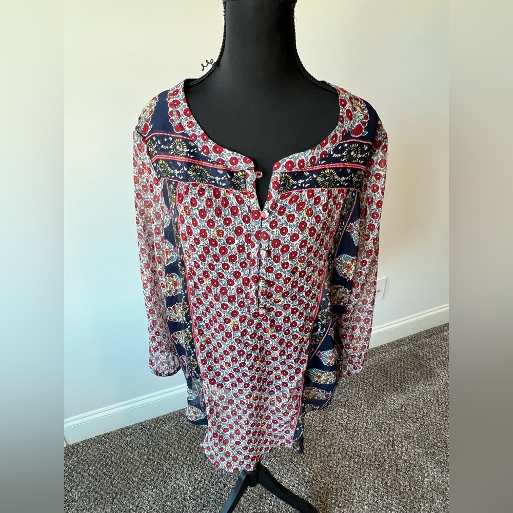 Lucky Brand Red White Navy Floral Print Blouse